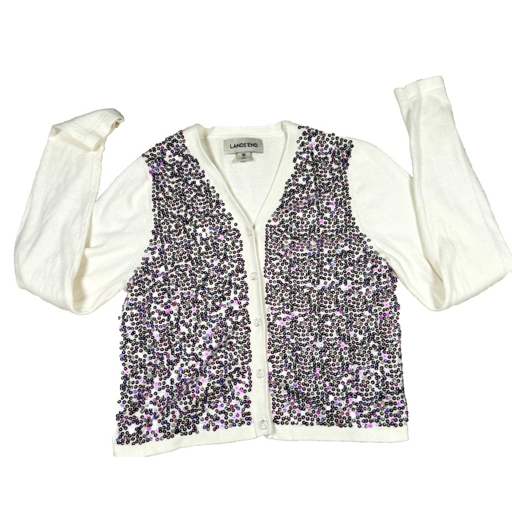 Lands End Pink Sequin Button Up Cardigan Sweater 100% Cotton White Girls Size XL